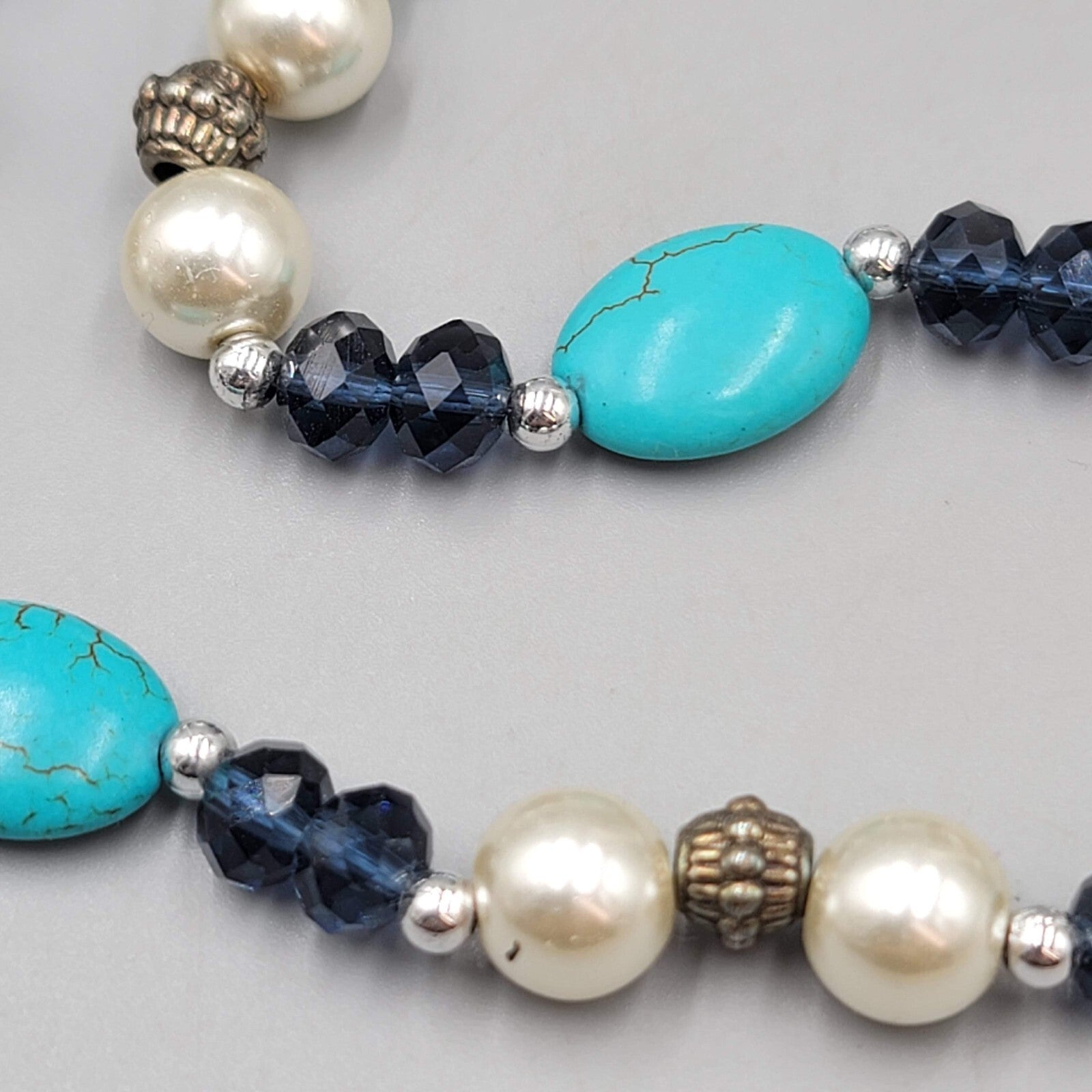 Blue Stone Bead Necklace Blue White Silver tone 18"