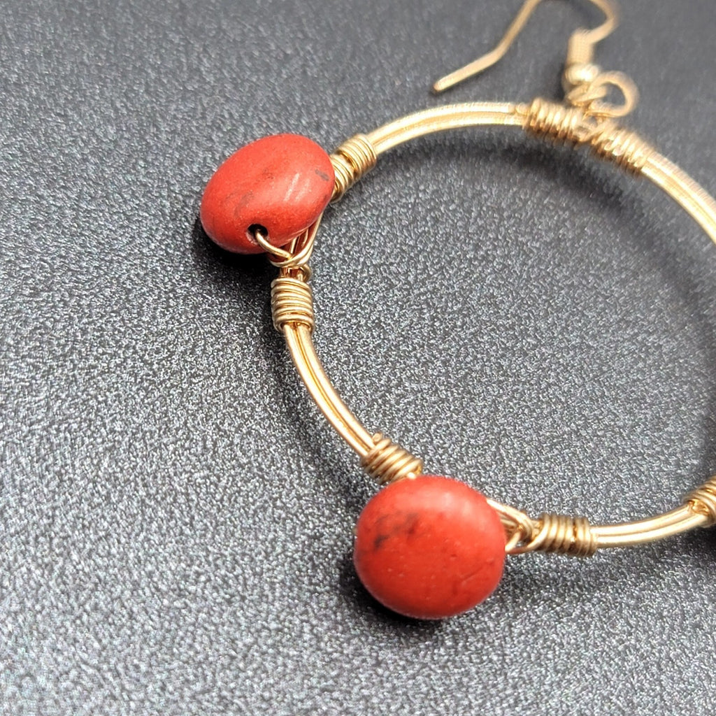 Pierced Earrings Gold tone Orange Stone Bead Dangle Hoops 1.75"