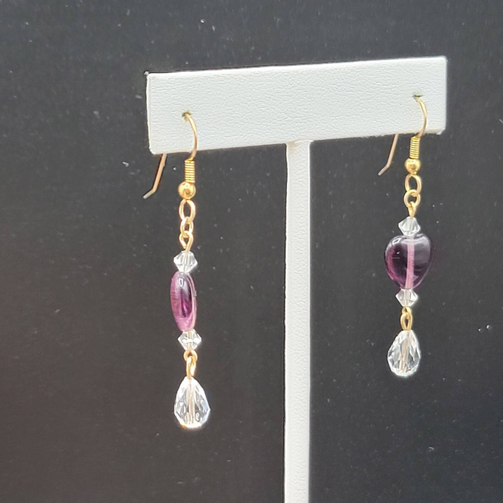Pierced Earrings Gold tone Purple Glass Heart Bead Clear Crystals 1.5"