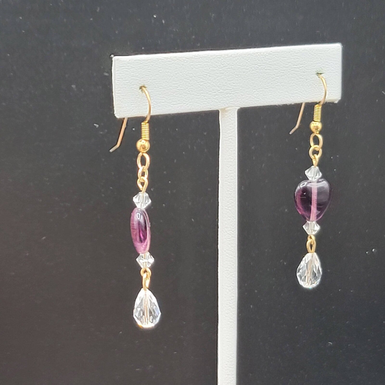 Pierced Earrings Gold tone Purple Glass Heart Bead Clear Crystals 1.5"