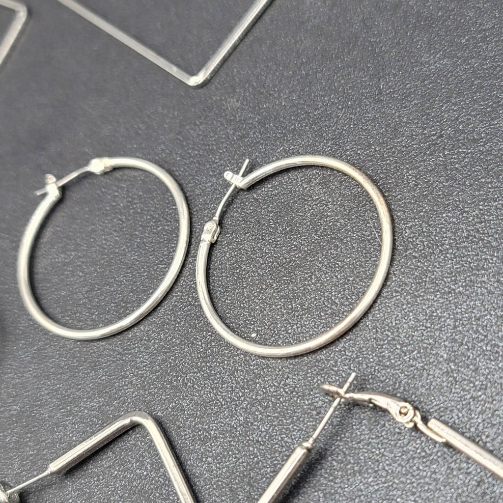 Lot of 6 Pierced Earrings Silver tone Hoops Dangle Square Oval Round