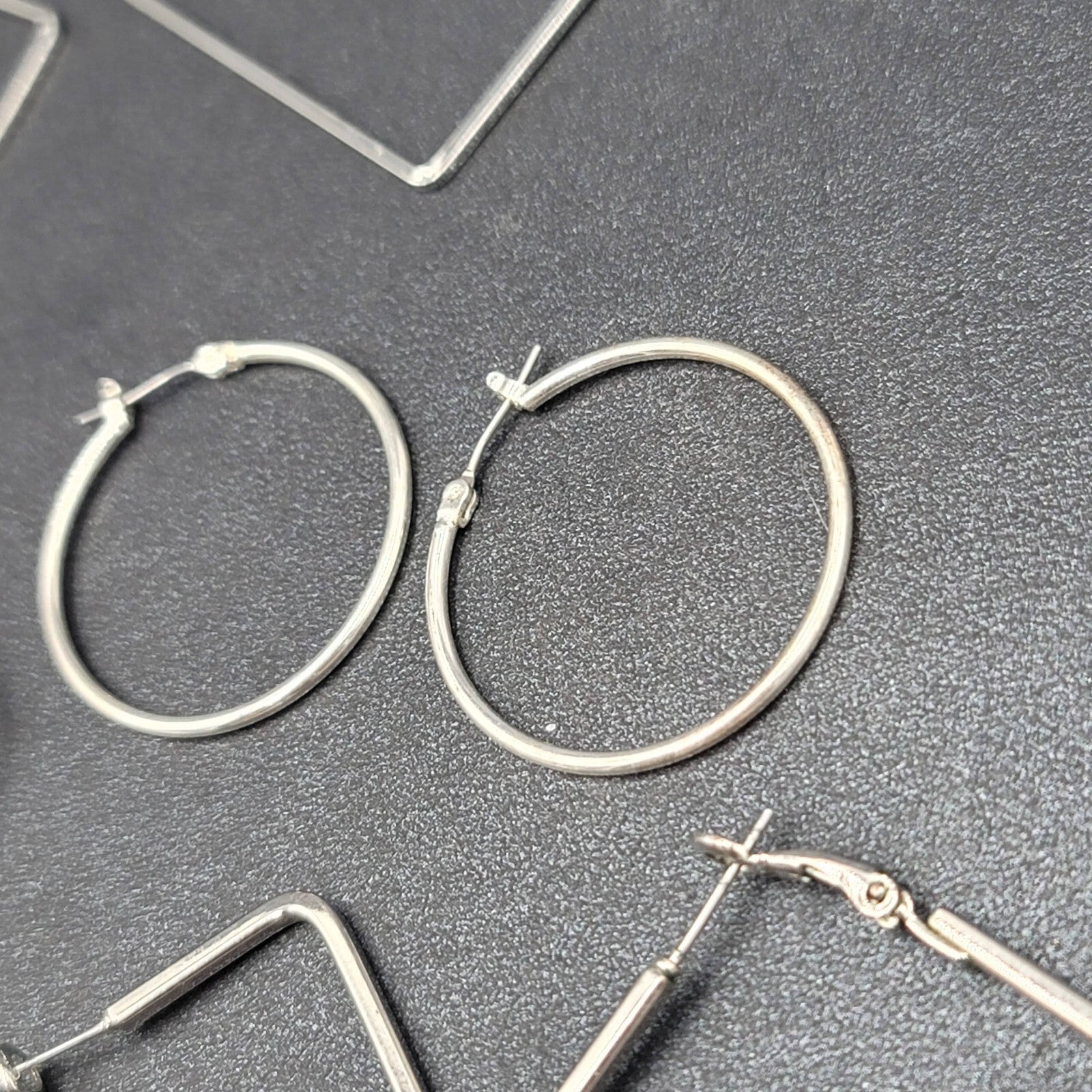 Lot of 6 Pierced Earrings Silver tone Hoops Dangle Square Oval Round