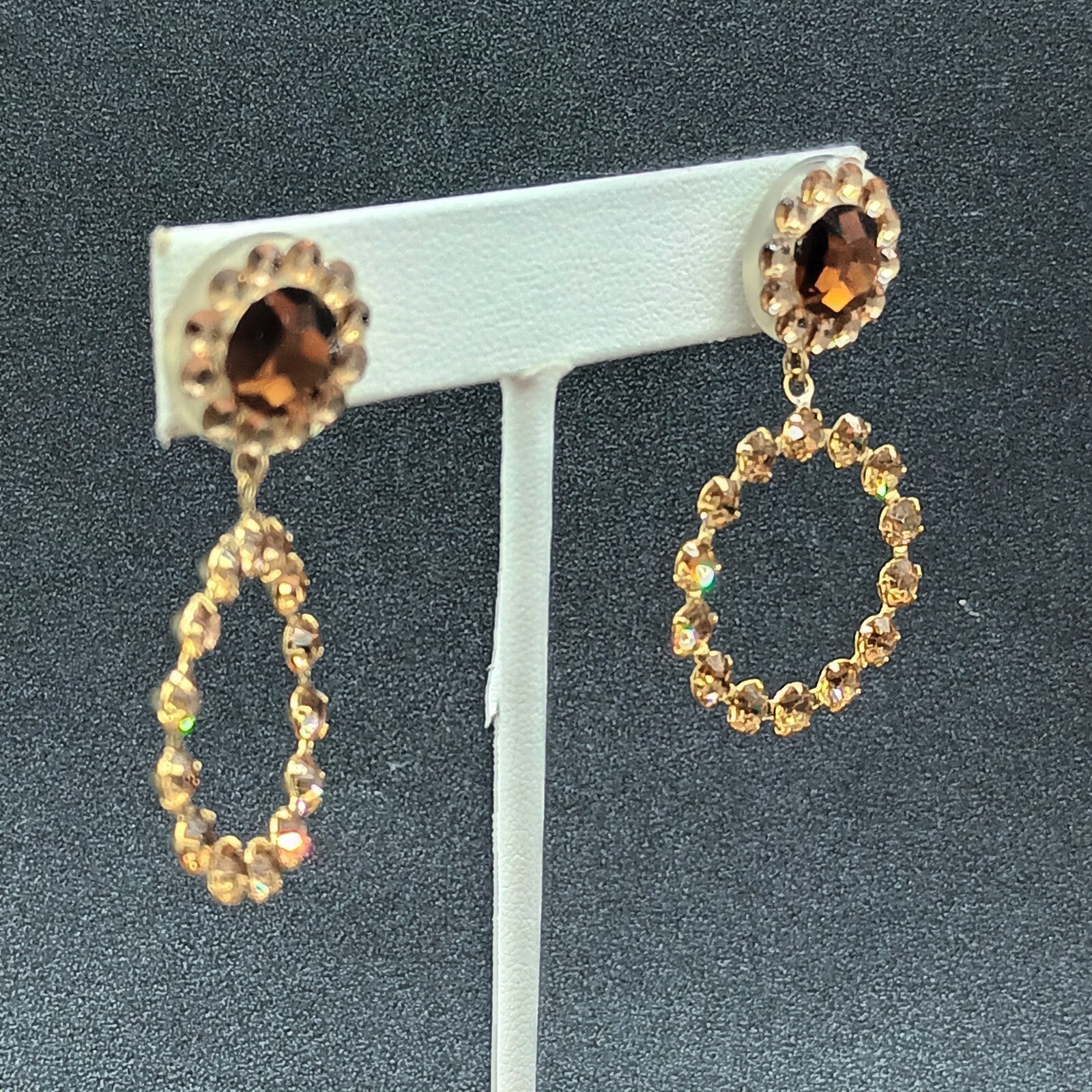 Pierced Earrings Gold tone Brown Faceted Crystal Open Round Dangle 1 7/8"