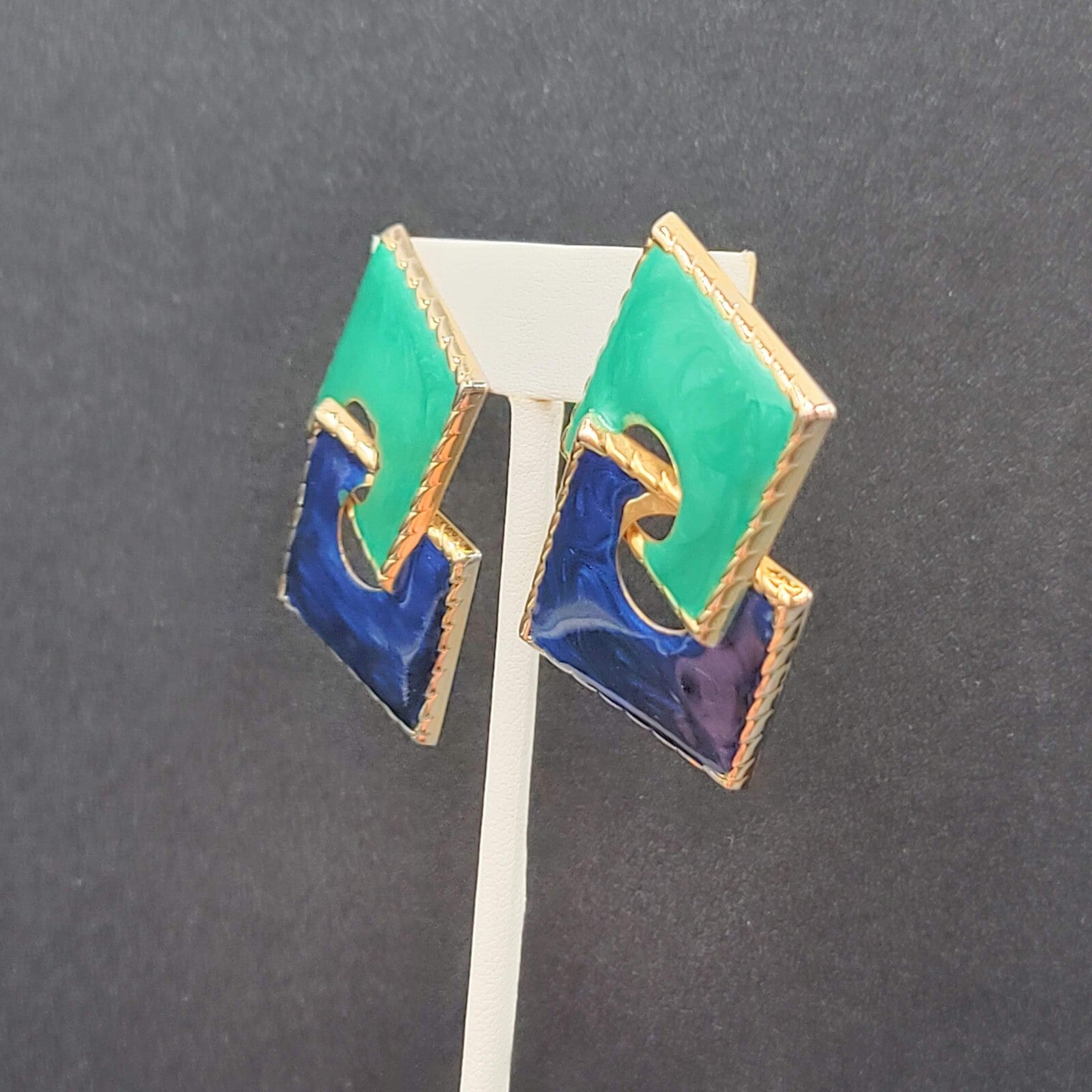 Vintage Pierced Earrings Gold tone Blue Teal Enamel Double Square Drop 2"