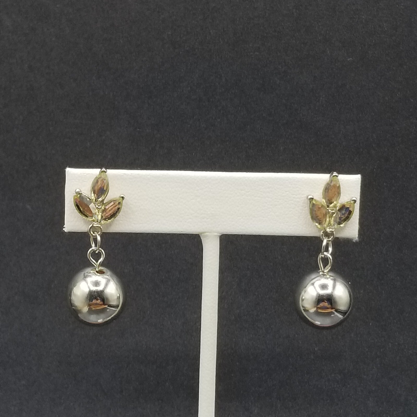 Pierced Earrings Silver tone Faceted Glass Metal Ball Statement Dangle 1 3/8"