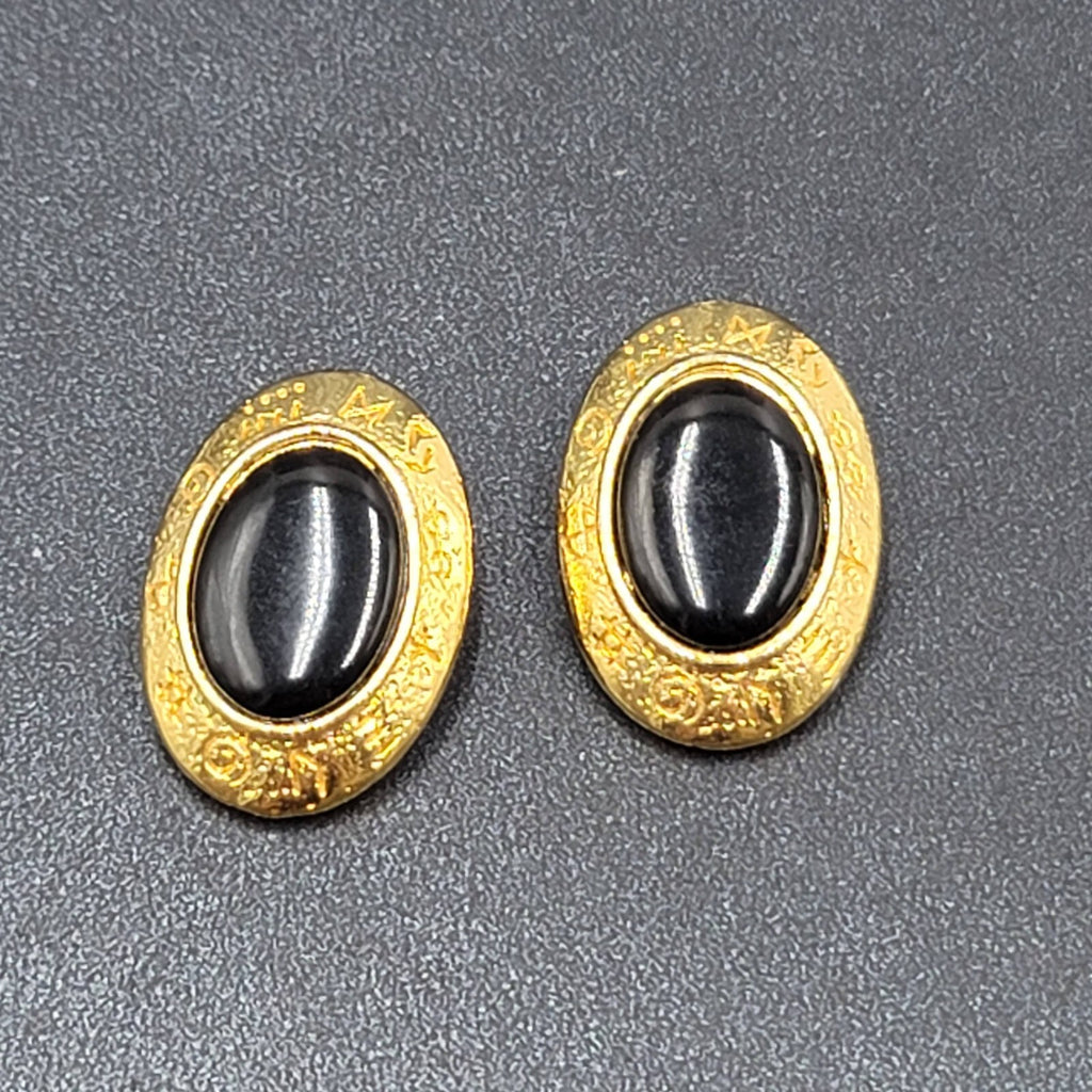 Vintage Runes Clip on Earrings Gold Plated Black Oval 1 1/8"