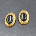 Vintage Runes Clip on Earrings Gold Plated Black Oval 1 1/8"