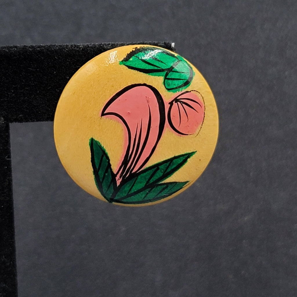 Vintage Pierced Earrings Round Wood Hand Painted 1 1/8"