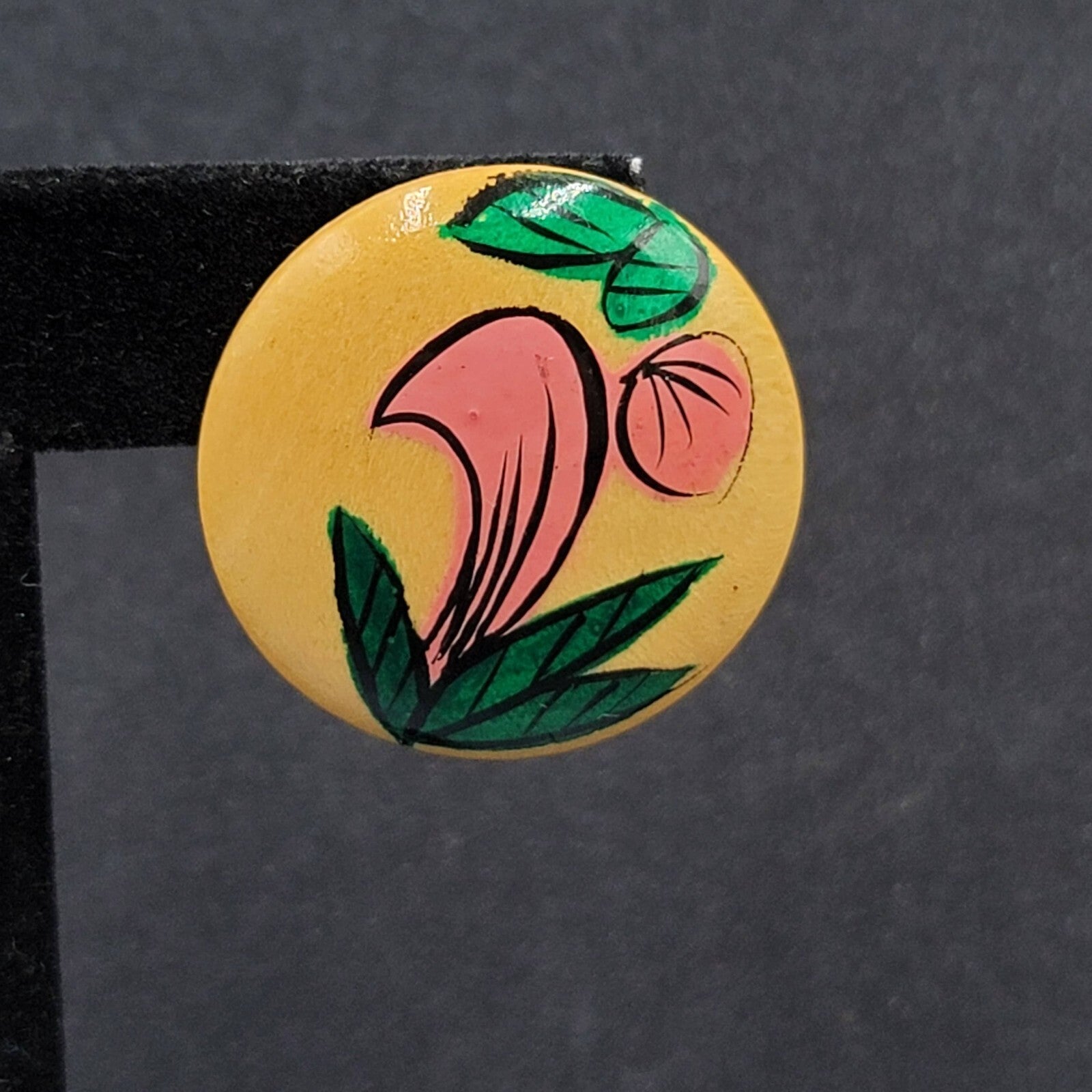 Vintage Pierced Earrings Round Wood Hand Painted 1 1/8"