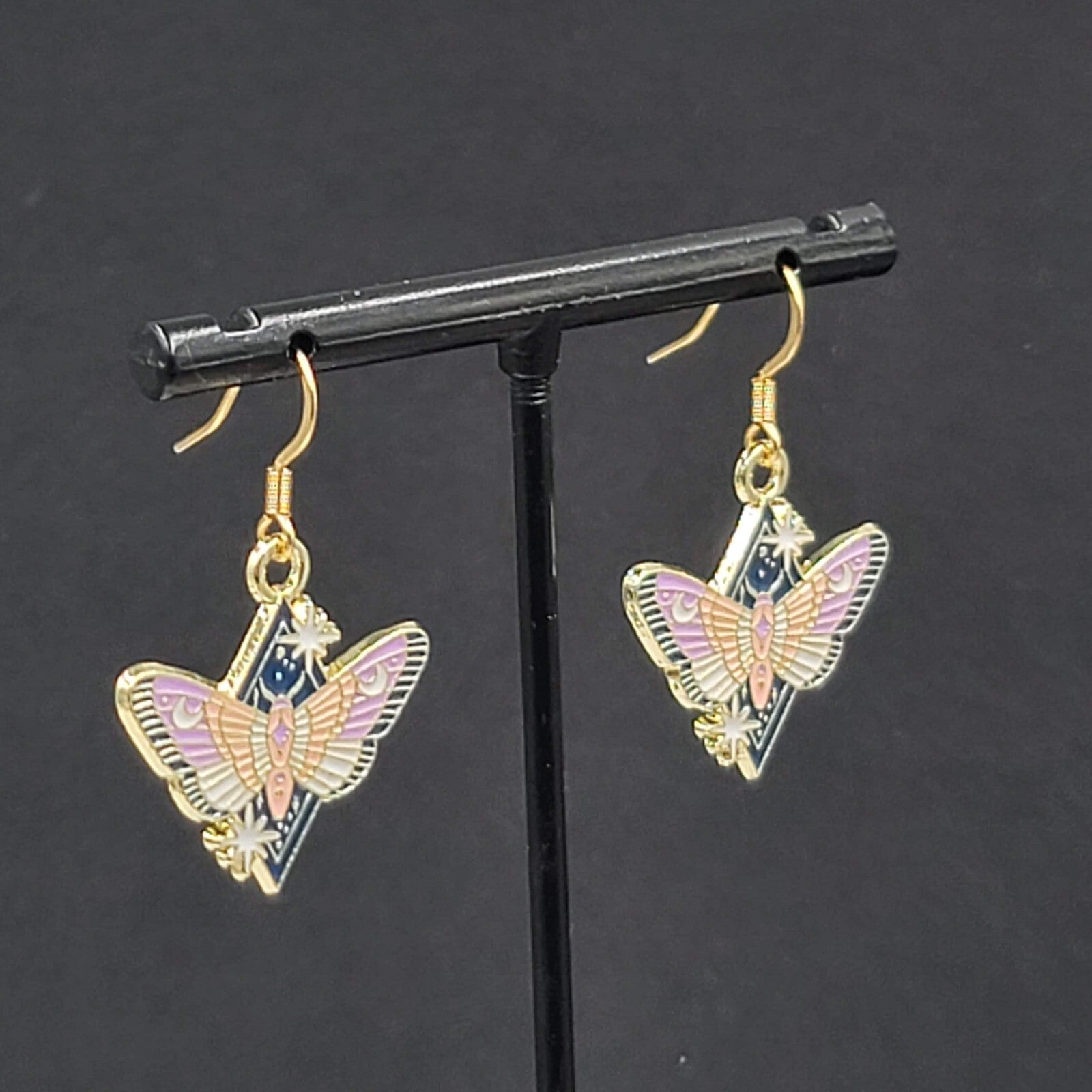 Purple Moon Moth Enamel Pierced Earrings Gold tone Dangle Butterfly 7/8"
