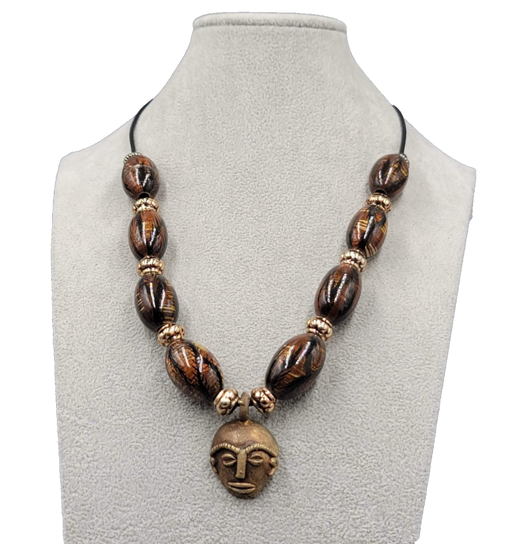 Vintage African Necklace Brass Face Mask Pendant Hand Painted Beads 22 in