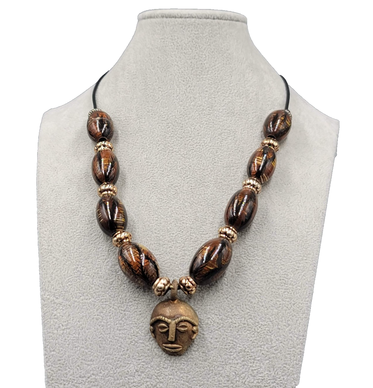 Vintage African Necklace Brass Face Mask Pendant Hand Painted Beads 22 in