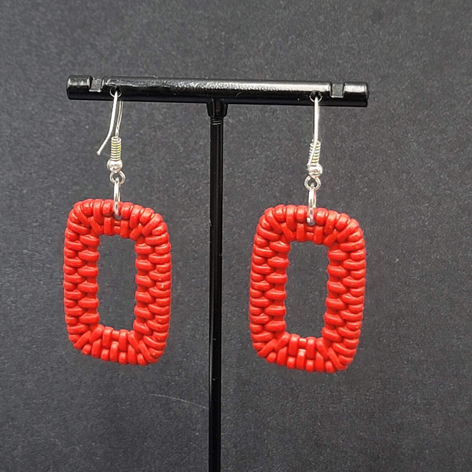Pierced Earrings Red Acrylic Rectangle Weave Design Dangle 1.5"