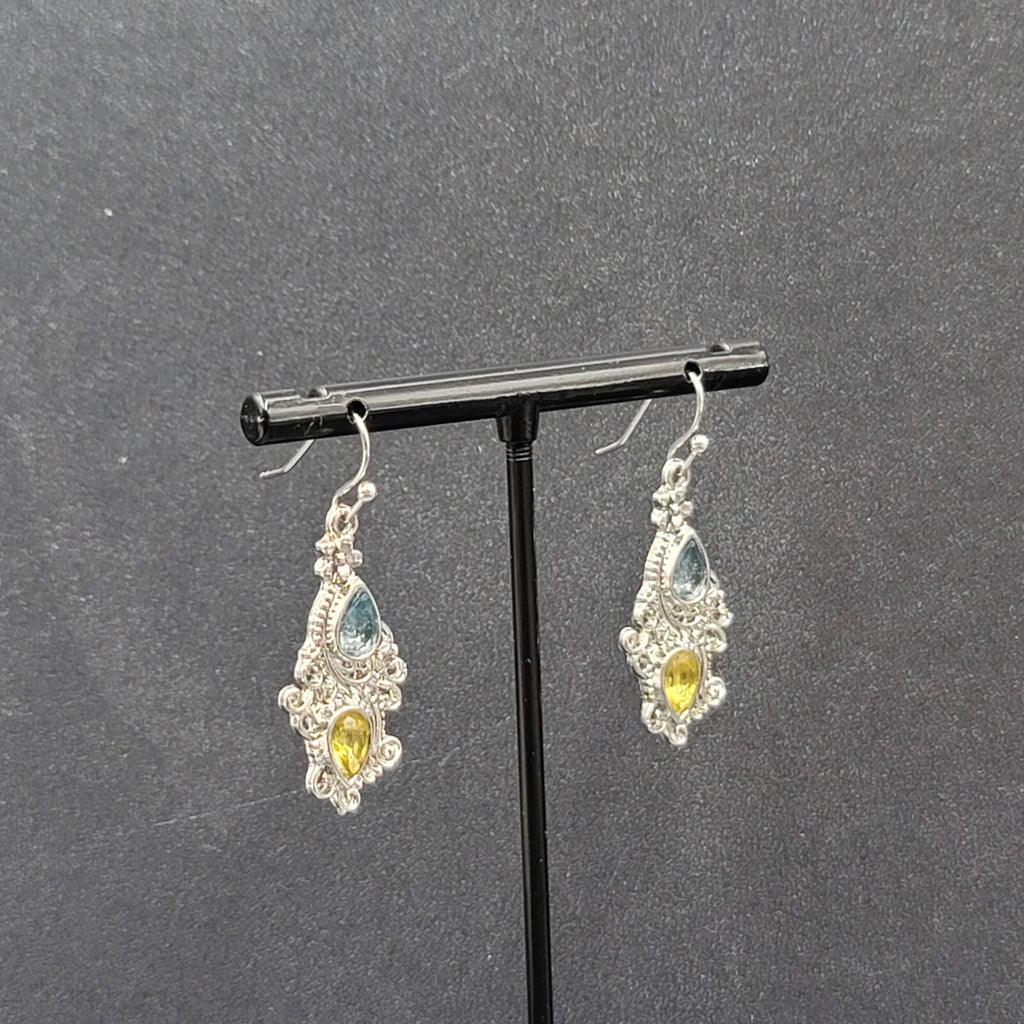 Pierced Earrings Silver tone Blue Yellow Teardrop Crystals  1 1/8"