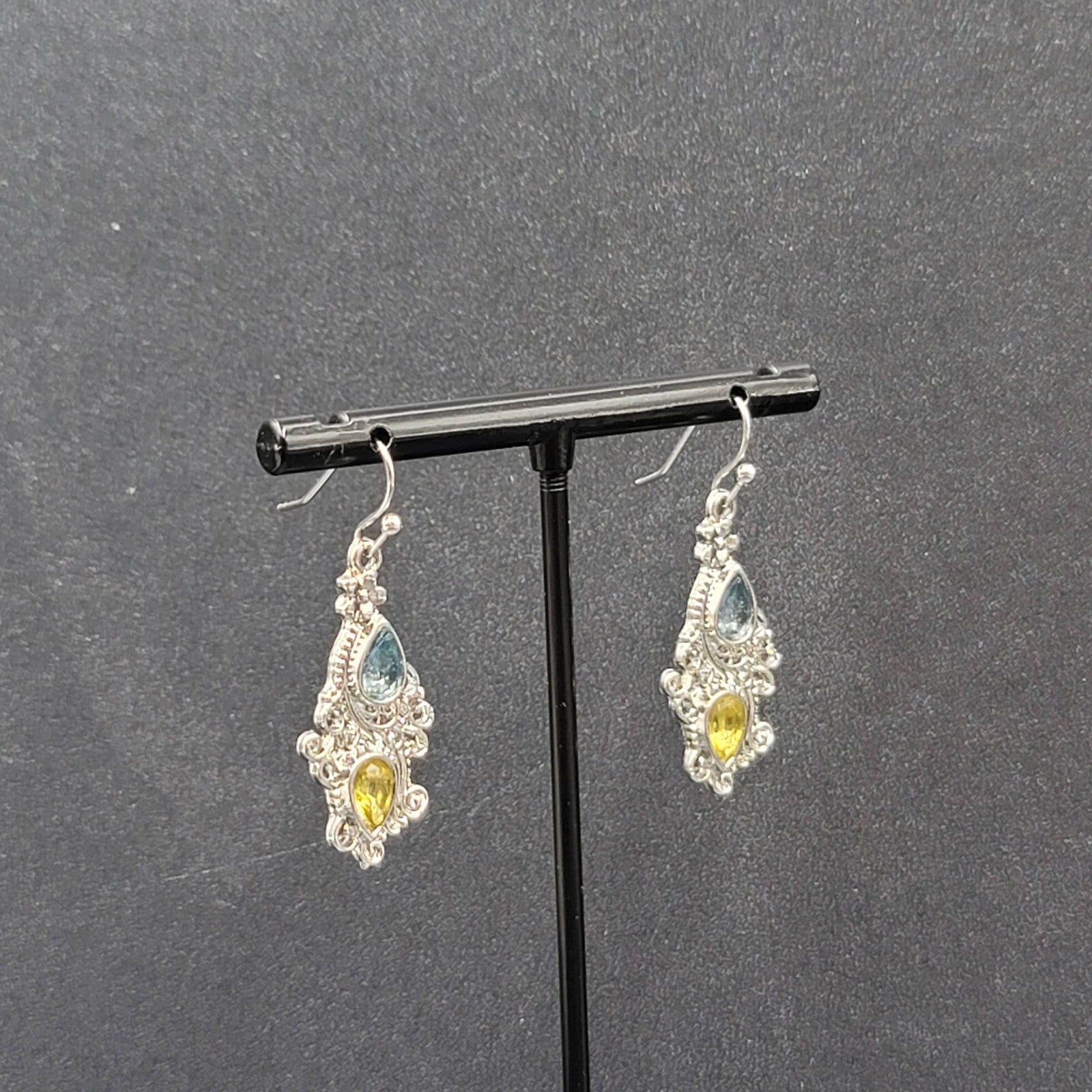 Pierced Earrings Silver tone Blue Yellow Teardrop Crystals  1 1/8"