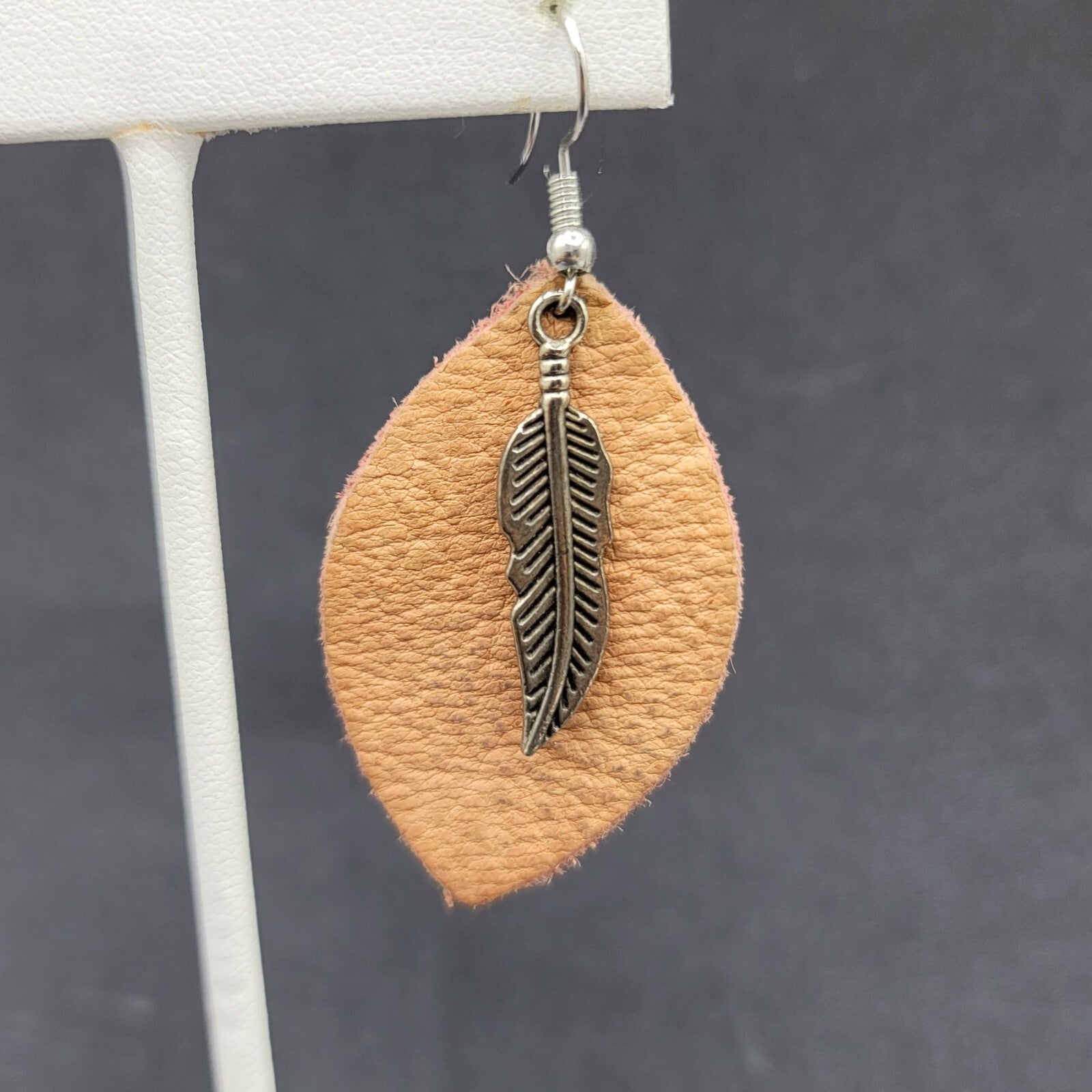 Bohemian Leather Teardrop Dangle Pierced Earrings 1.75" Metal Feather