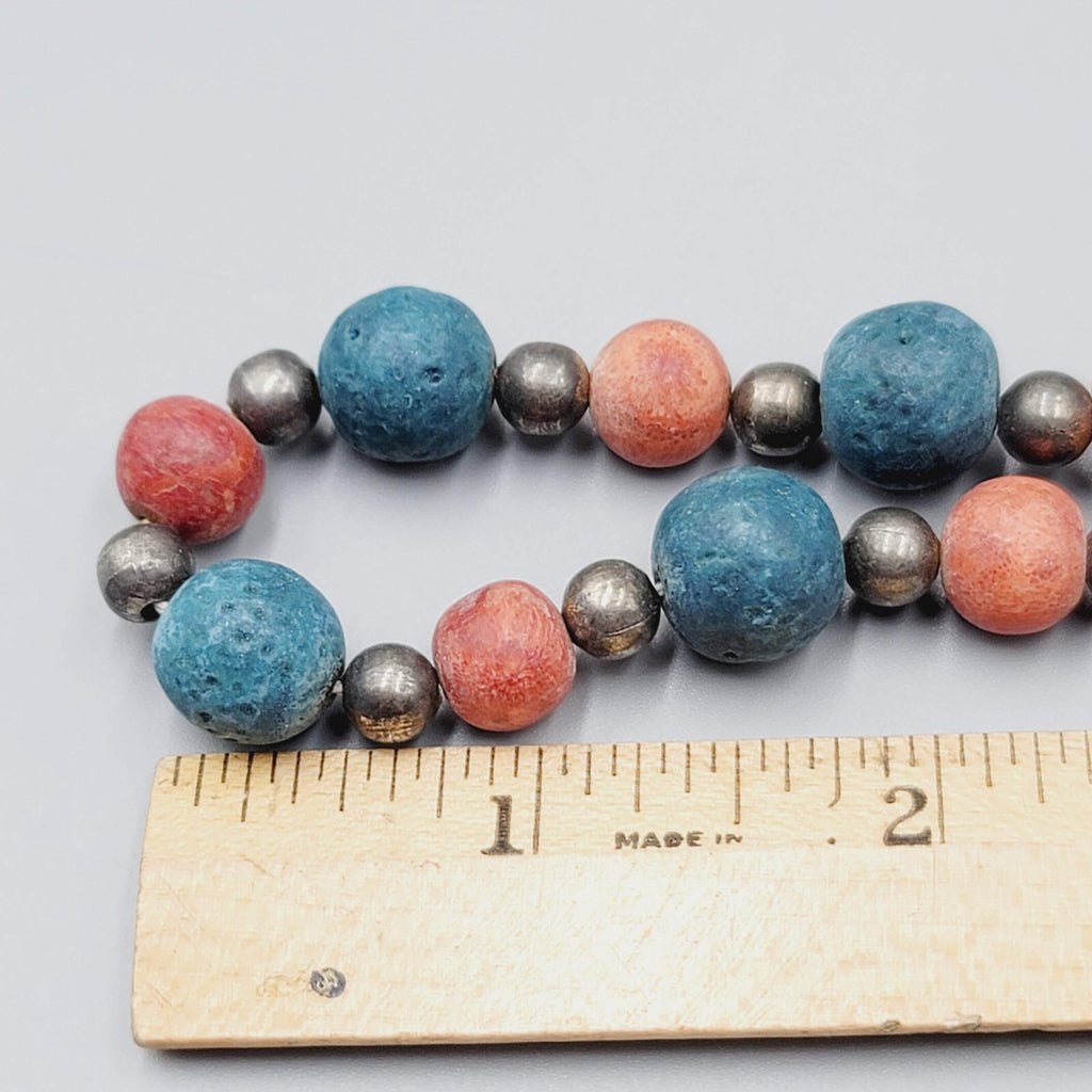 Vintage Beaded Necklace Red Blue Brass Handmade 22" Estate Costume Jewelry 