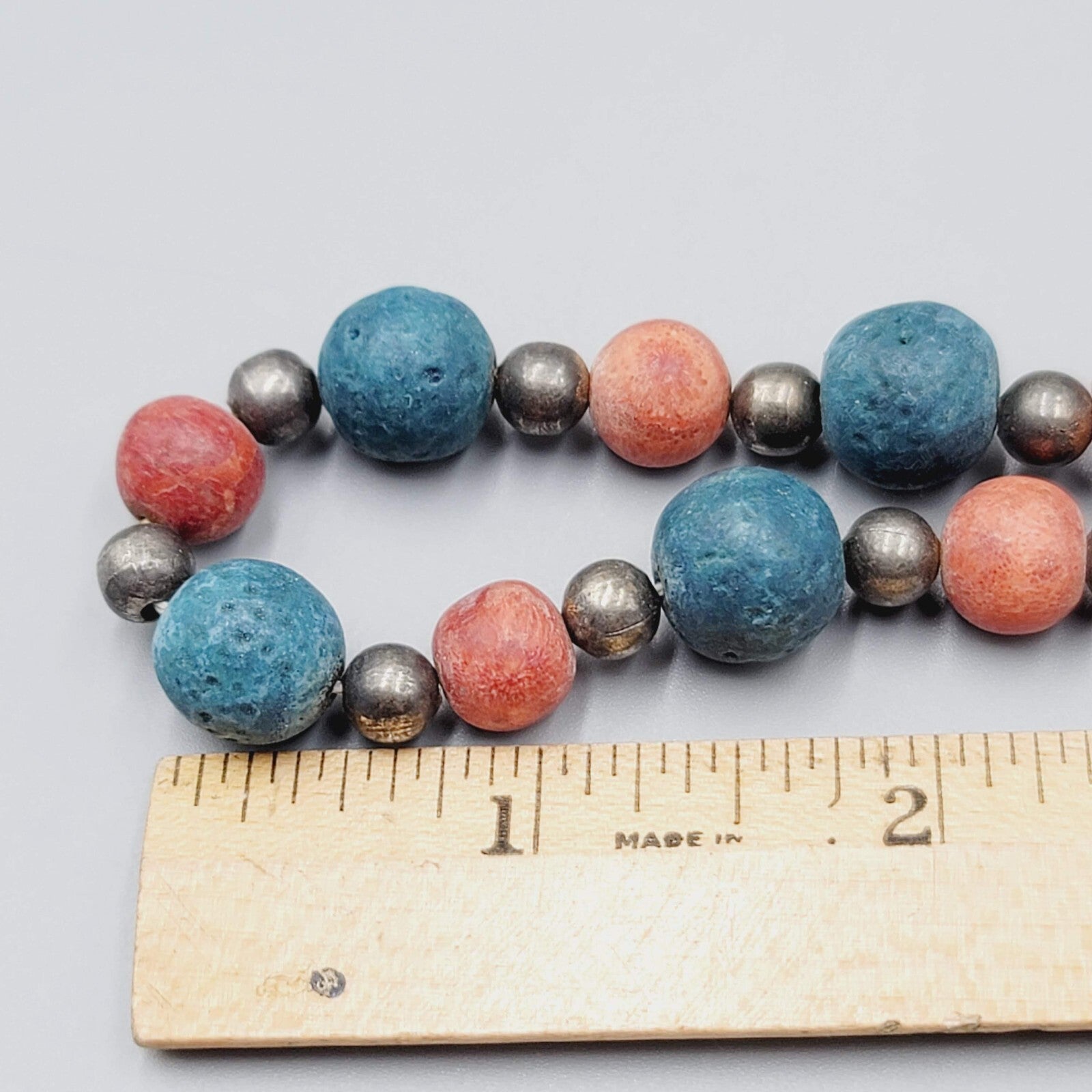 Vintage Beaded Necklace Red Blue Brass Handmade 22" Estate Costume Jewelry 