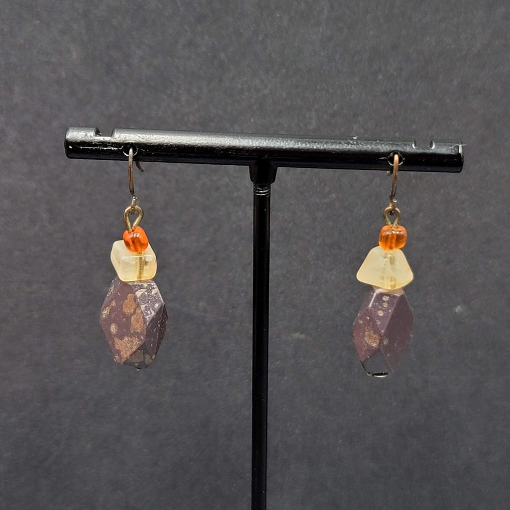 Pierced Earrings Bronze tone Acrylic Beads Natural Fall tones 1 1/8"