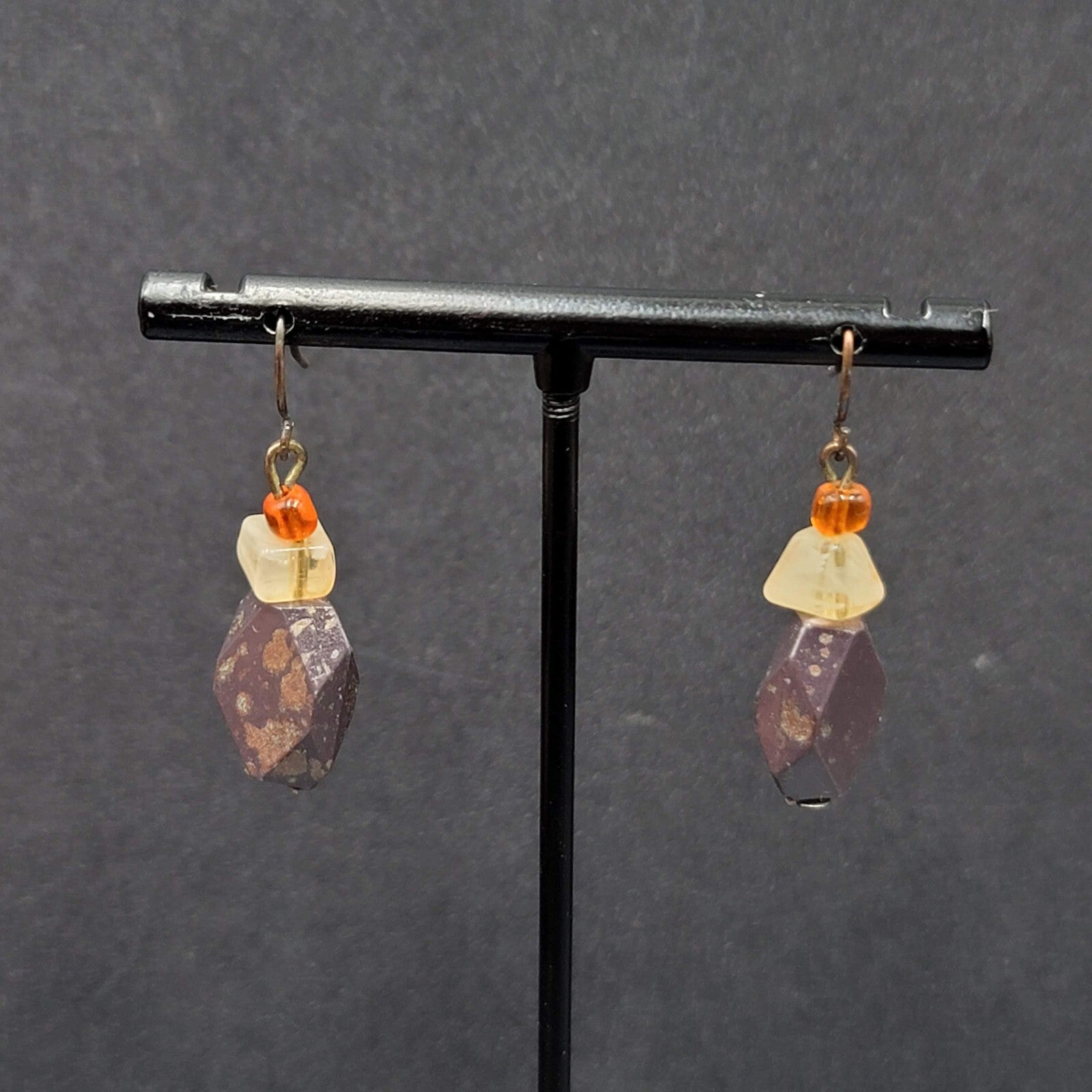 Pierced Earrings Bronze tone Acrylic Beads Natural Fall tones 1 1/8"