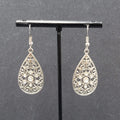 Pierced Earrings Silver tone Rhinestone Open Work Teardrop Dangle 1.25"