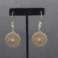 New Boho Pierced Earrings Antiqued Gold tone Blue Beas Enamel Mandala 2.75"