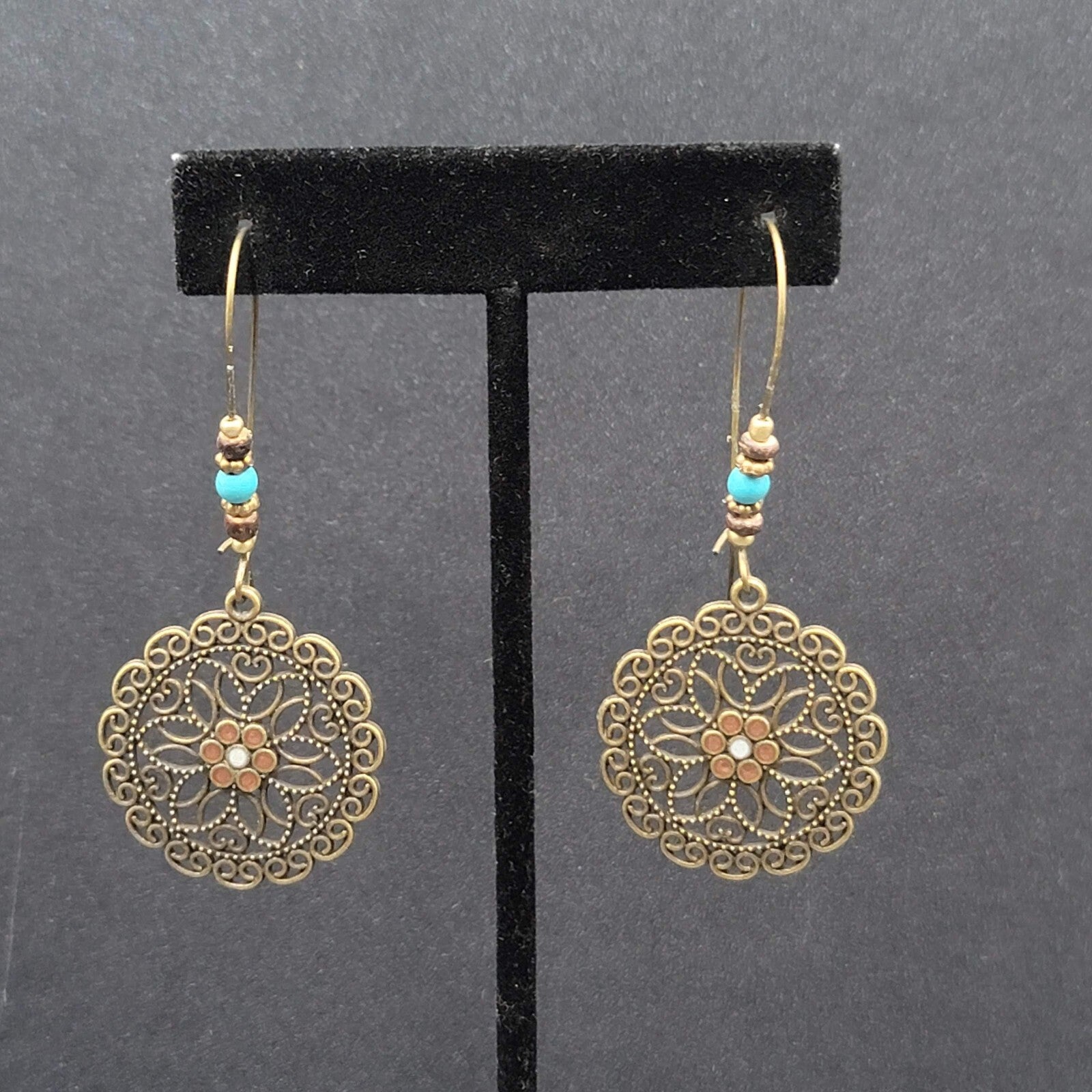 New Boho Pierced Earrings Antiqued Gold tone Blue Beas Enamel Mandala 2.75"