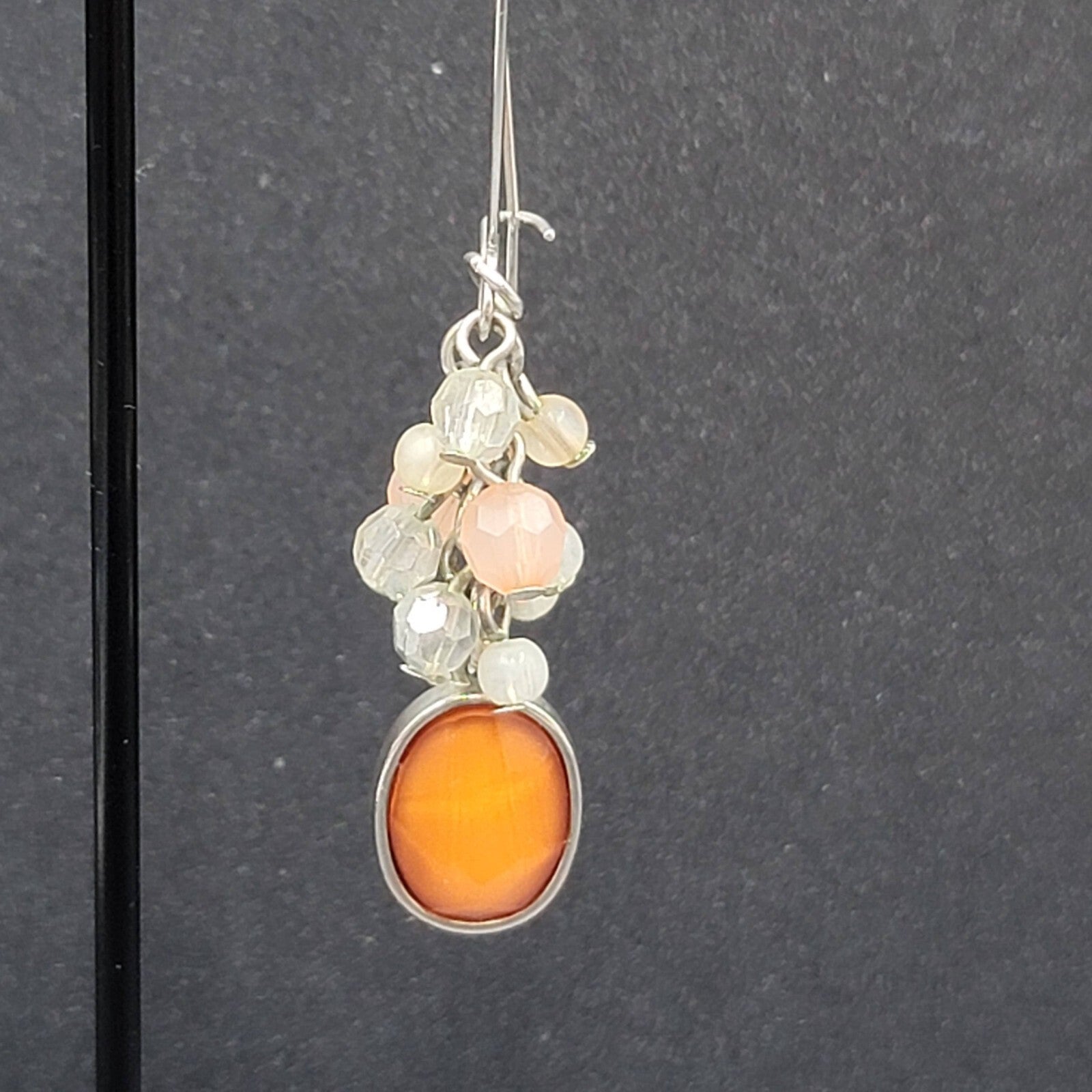 Pierced Earrings Silver tone Cluster Bead Orange Dangle 2.5"