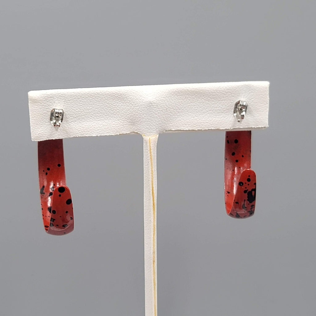 Vintage Red Black Splatter Enamel Hoops Pierced Earrings 1.25"