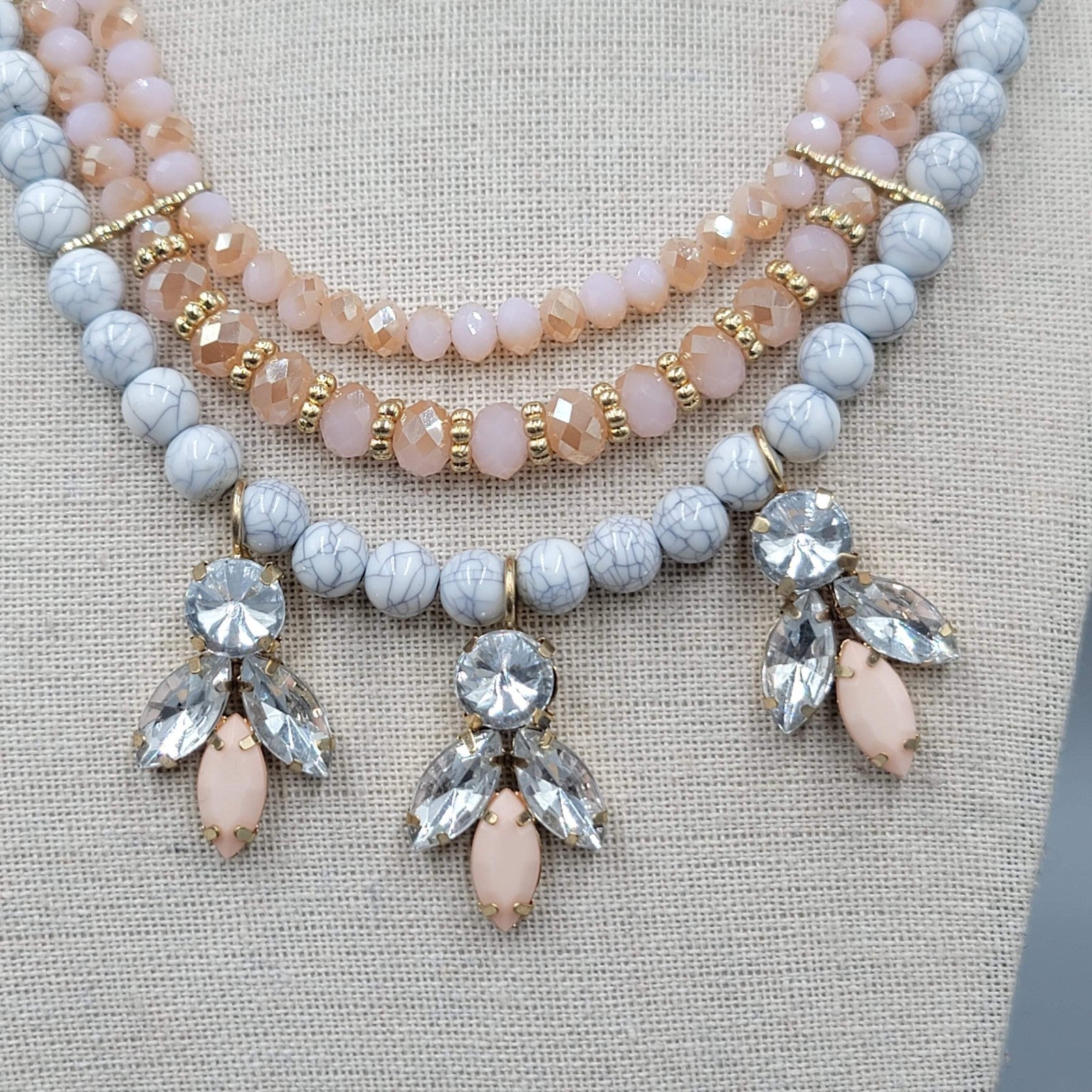 Statement Bib Necklace Gold tone Rhinestone Multi color Bead 16"-18"