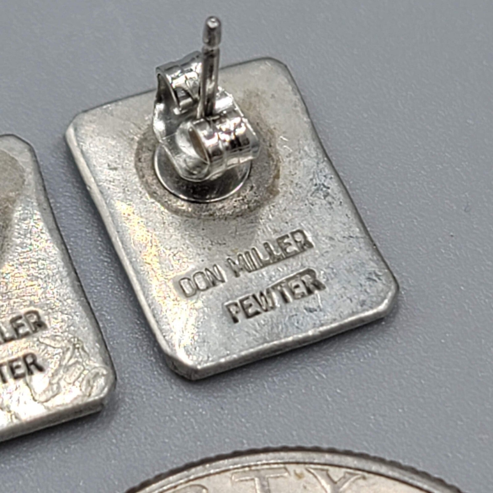 Vintage Don Miller Pierced Earrings Brass Pewter Star Rectangle Studs 1/2"