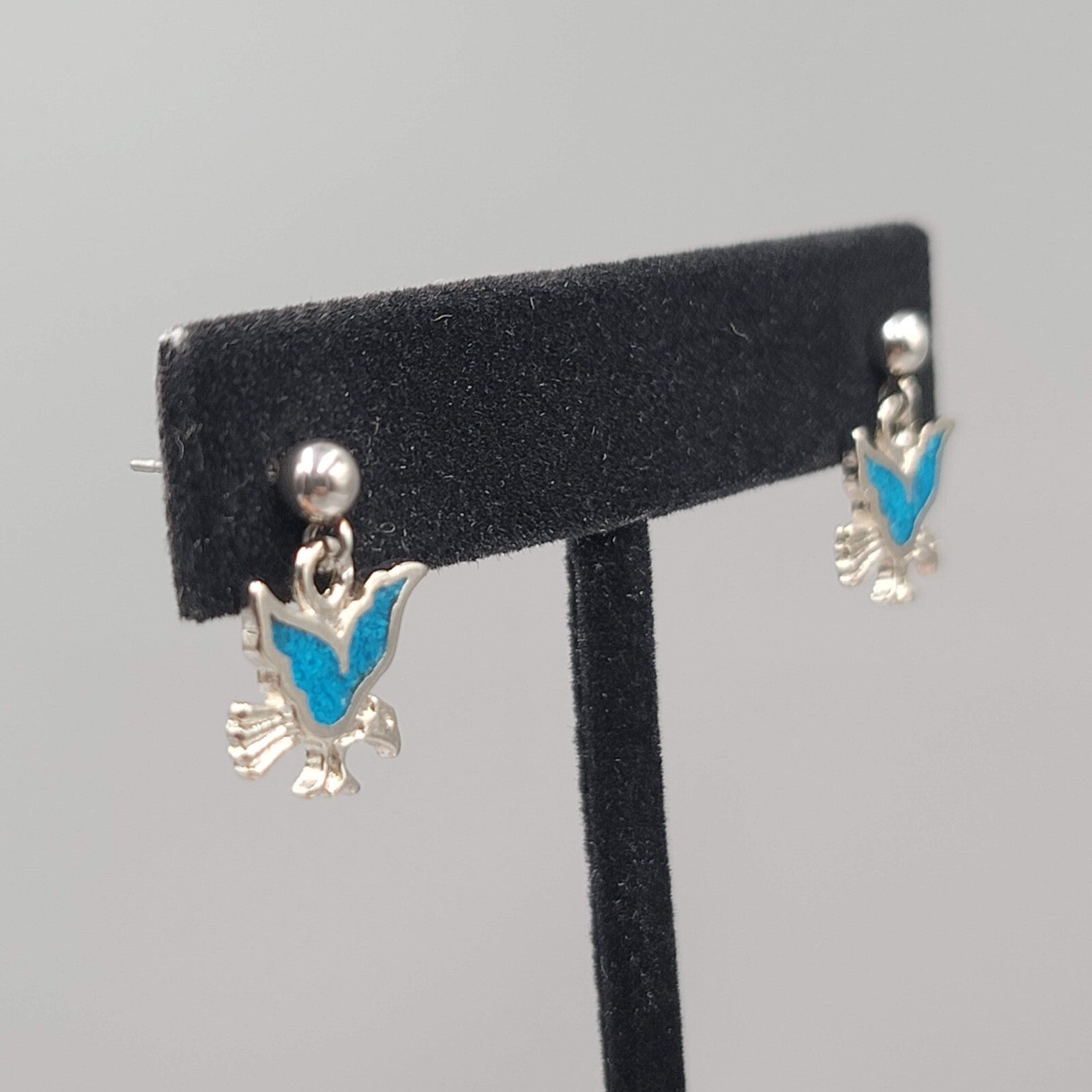 Vintage Eagle Pierced Earrings Turquoise Chip Inlay Silver tone Dangle 3/4"