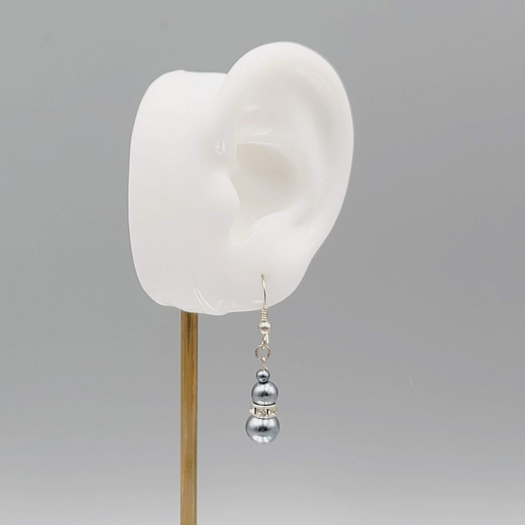 Faux Blue Pearl Bead Pierced Earrings Rhinestone Spacer Dangle 7/8"