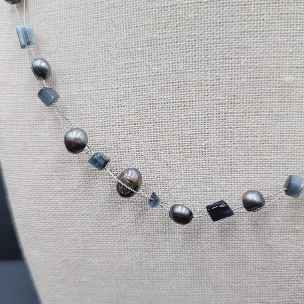 Multi Strand Pearl Station Floating Beads Necklace 18"