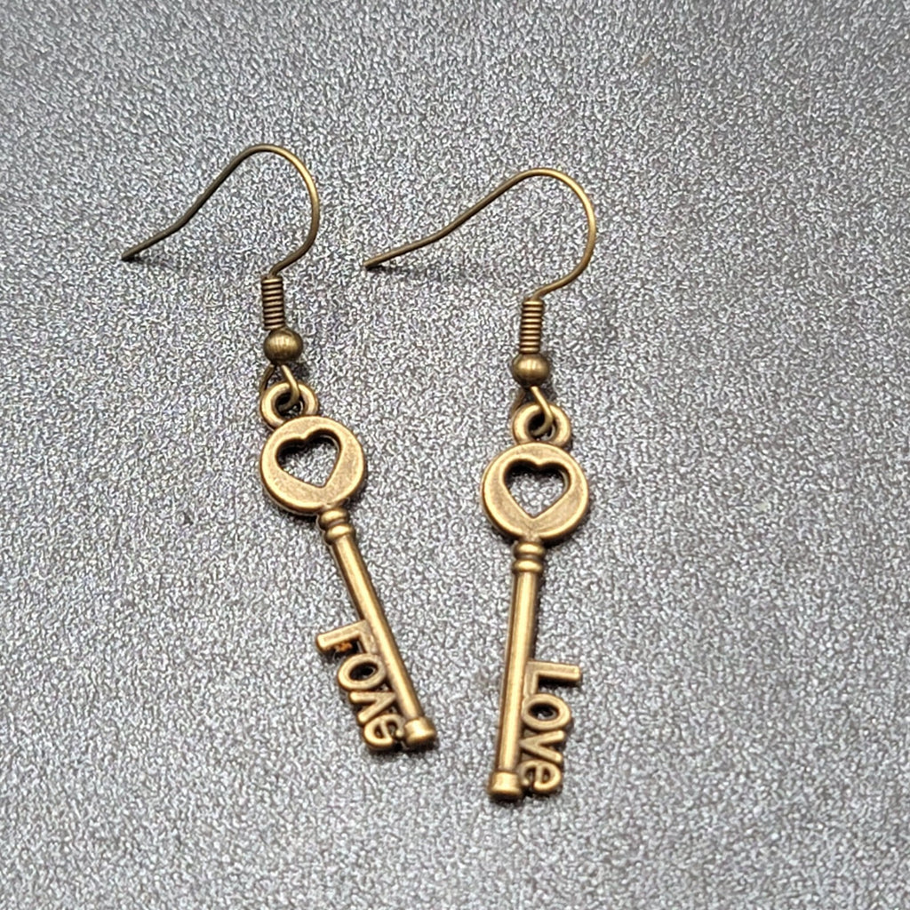NEW Skeleton Key Pierced Earrings Bronze tone LOVE Dangle 1.25"