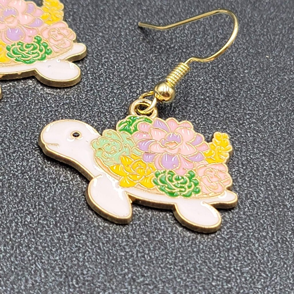 Turtle Pierced Earrings Gold tone Enamel Flowers Dangle 3/4"