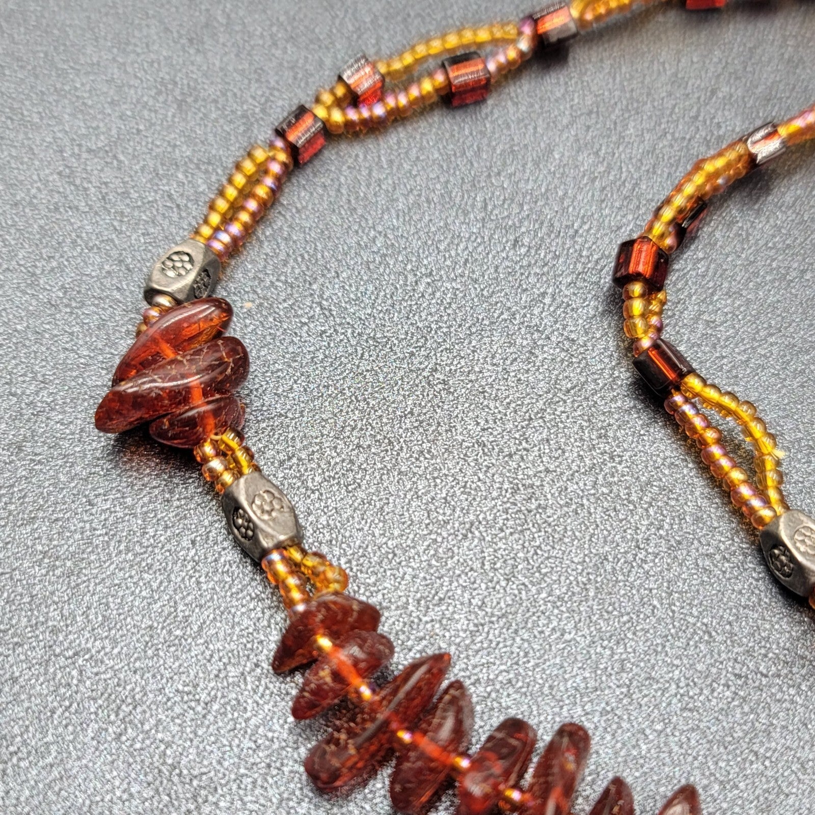 Amber and Glass Beaded Pendant Necklace Boho 18"