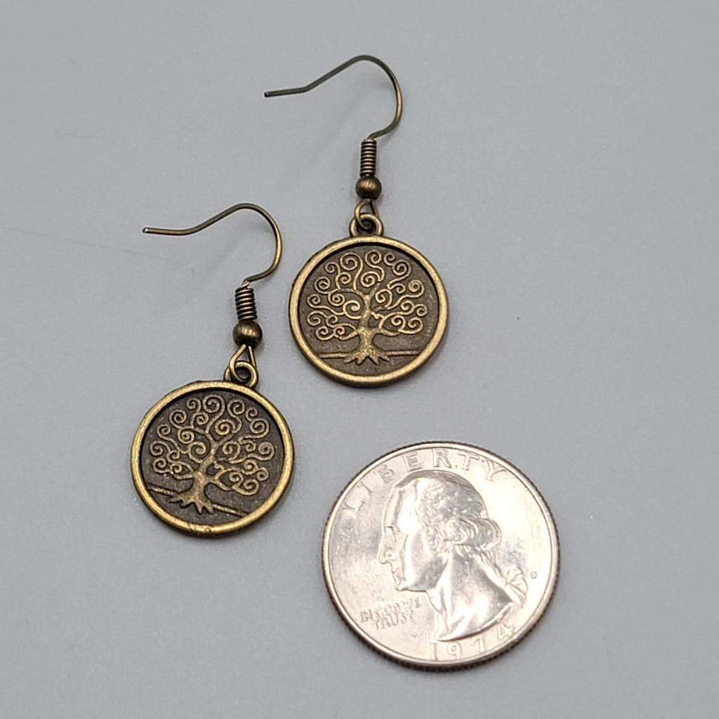 Round Tree Pierced Earrings Bronze tone Embossed Dangle 5/8"