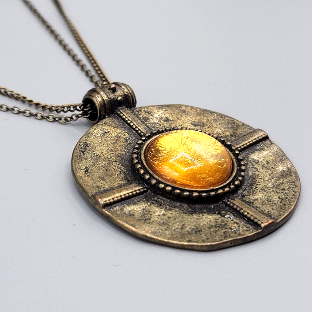 Large Medallion Pendant Necklace Bronze tone Yellow Glass 28"-31" Double Chain
