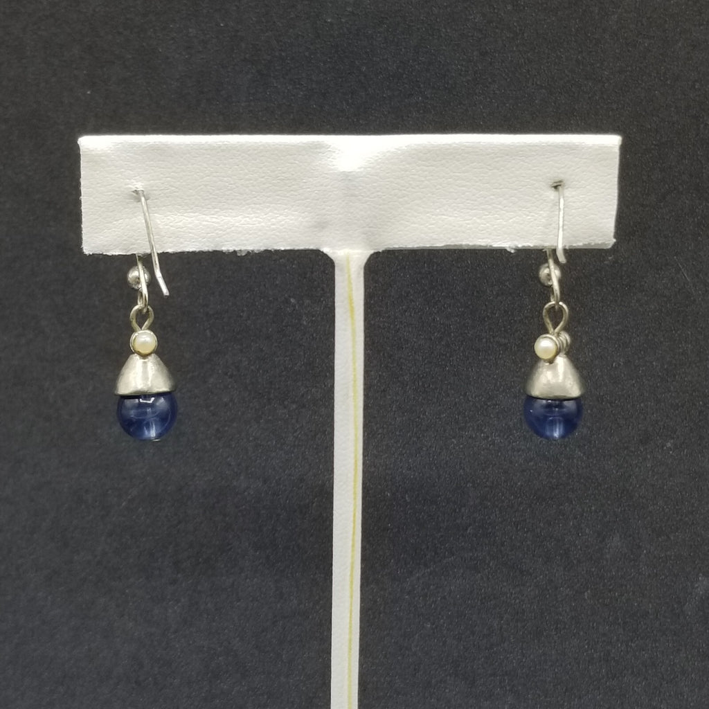 Pierced Earrings Silver tone Blue Crystal Bea Faux Pearl Dangle 1/2"