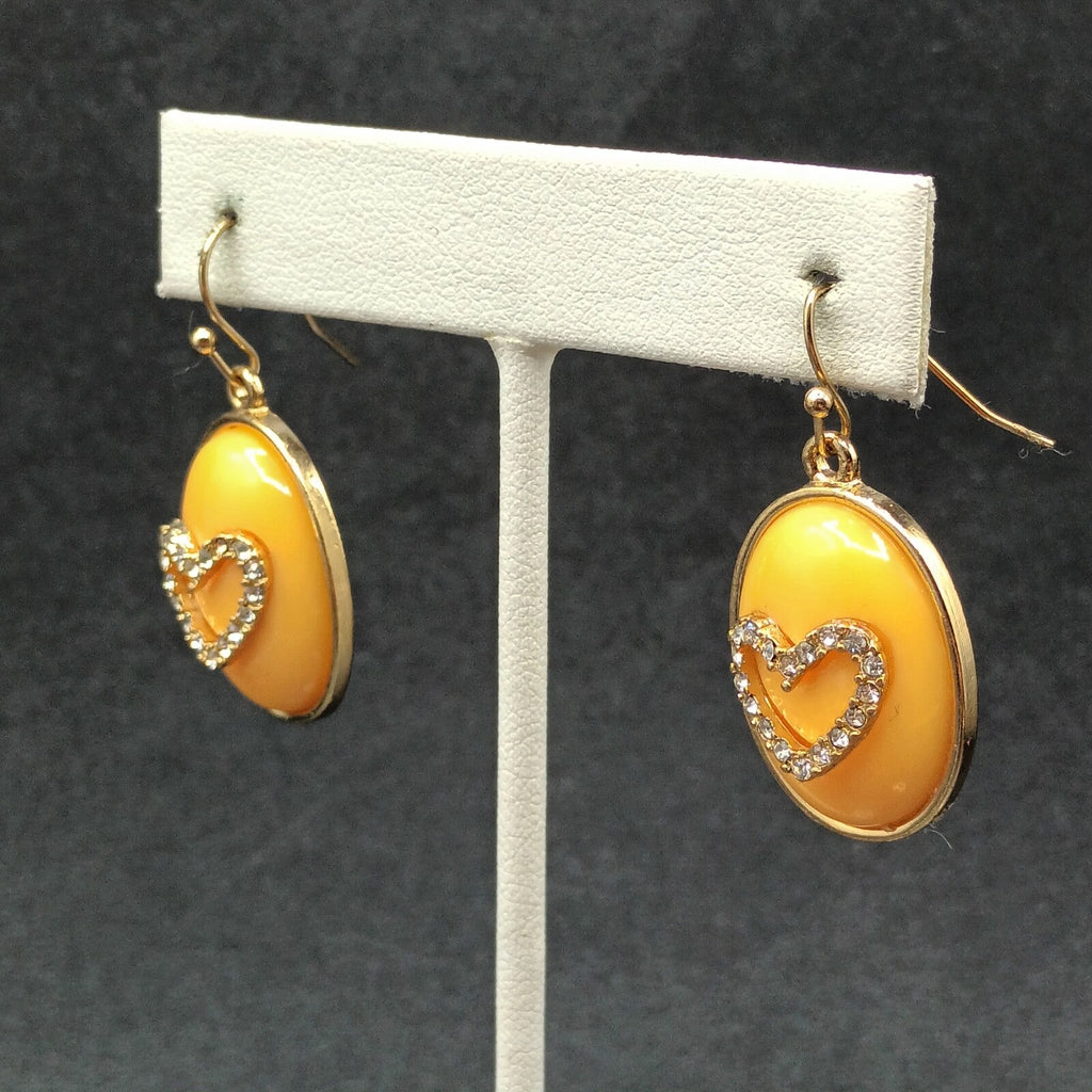 Pierced Earrings Gold tone Peach Color Crystal Heart Dangle 1"