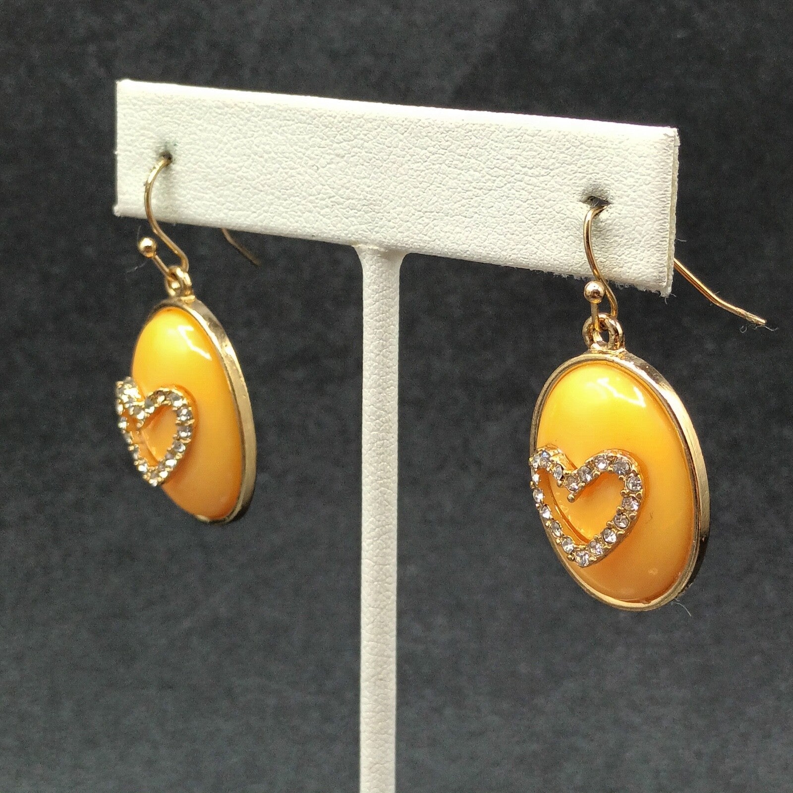 Pierced Earrings Gold tone Peach Color Crystal Heart Dangle 1"