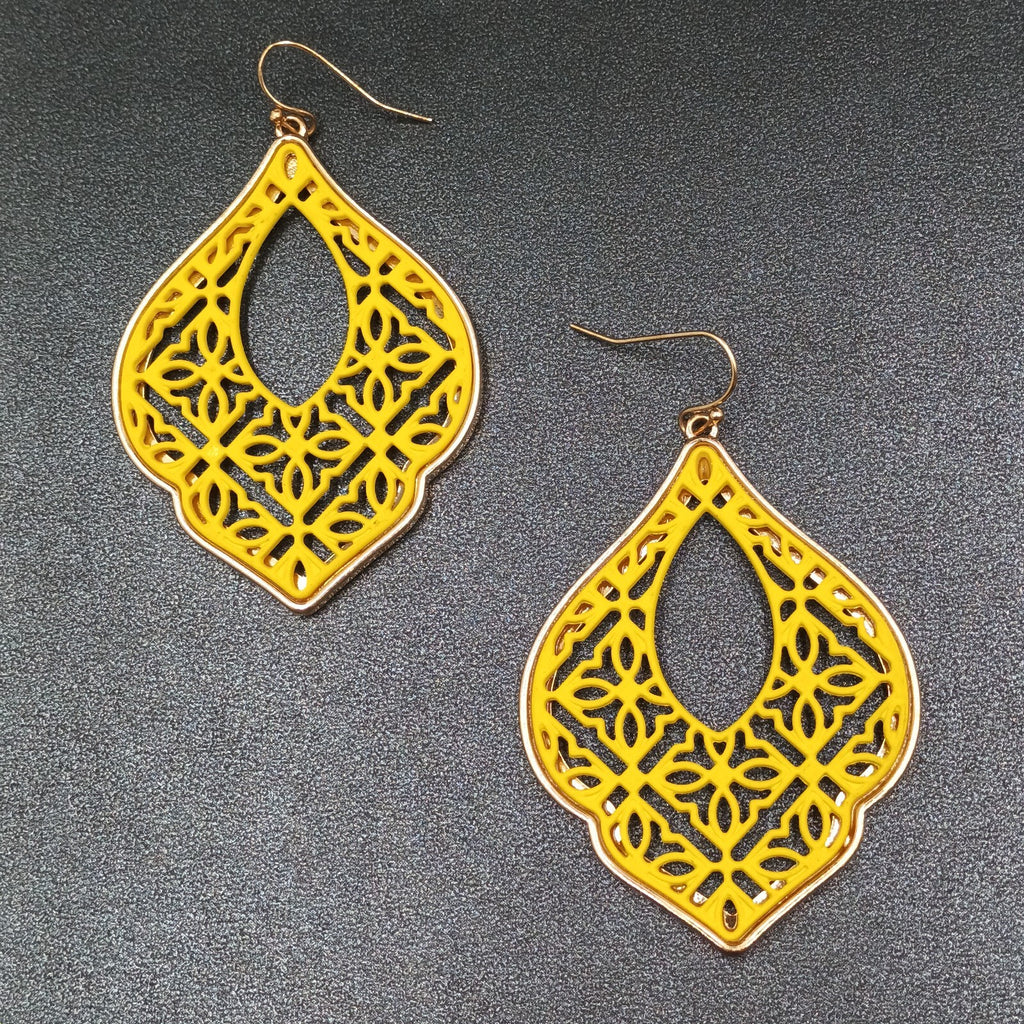 Pierced Earrings Gold tone Yellow Open work Statement Dangle 2 3/8"
