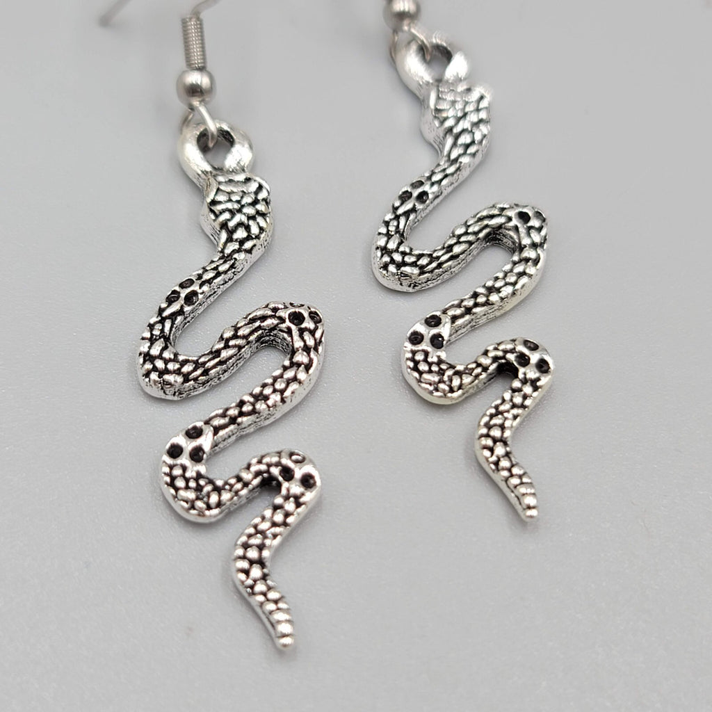 Snake Pierced Earrings Silver tone Embossed Dangle 1.5"