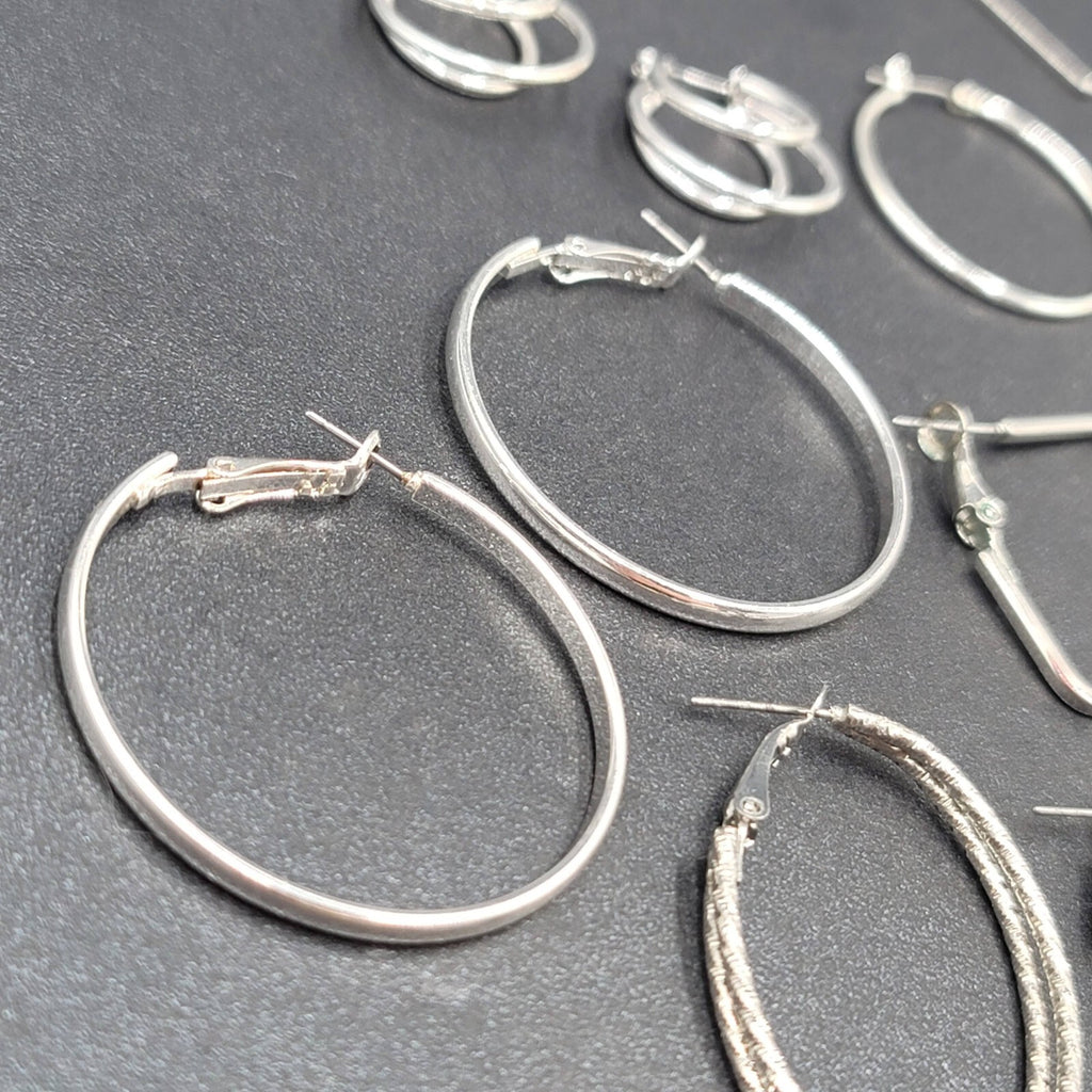 Lot of 6 Pierced Earrings Silver tone Hoops Dangle Square Oval Round