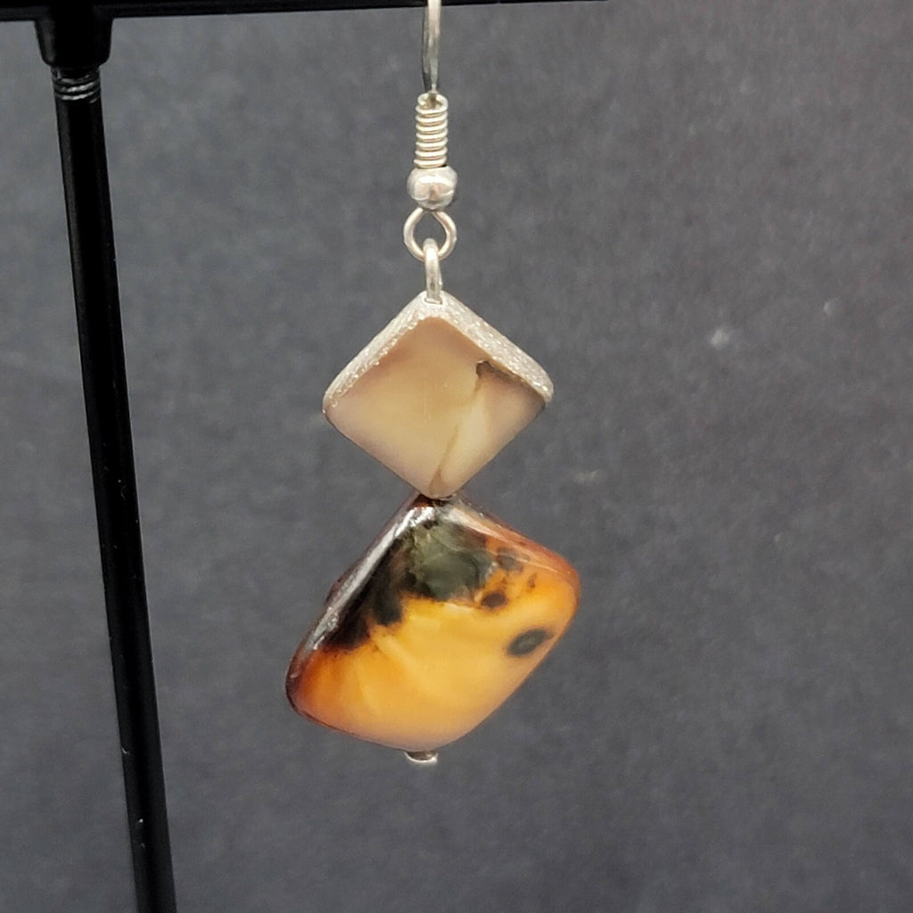 Pierced Earrings Silver tone Dyed Brown Shell Square Beads Dangle 1 3/8"