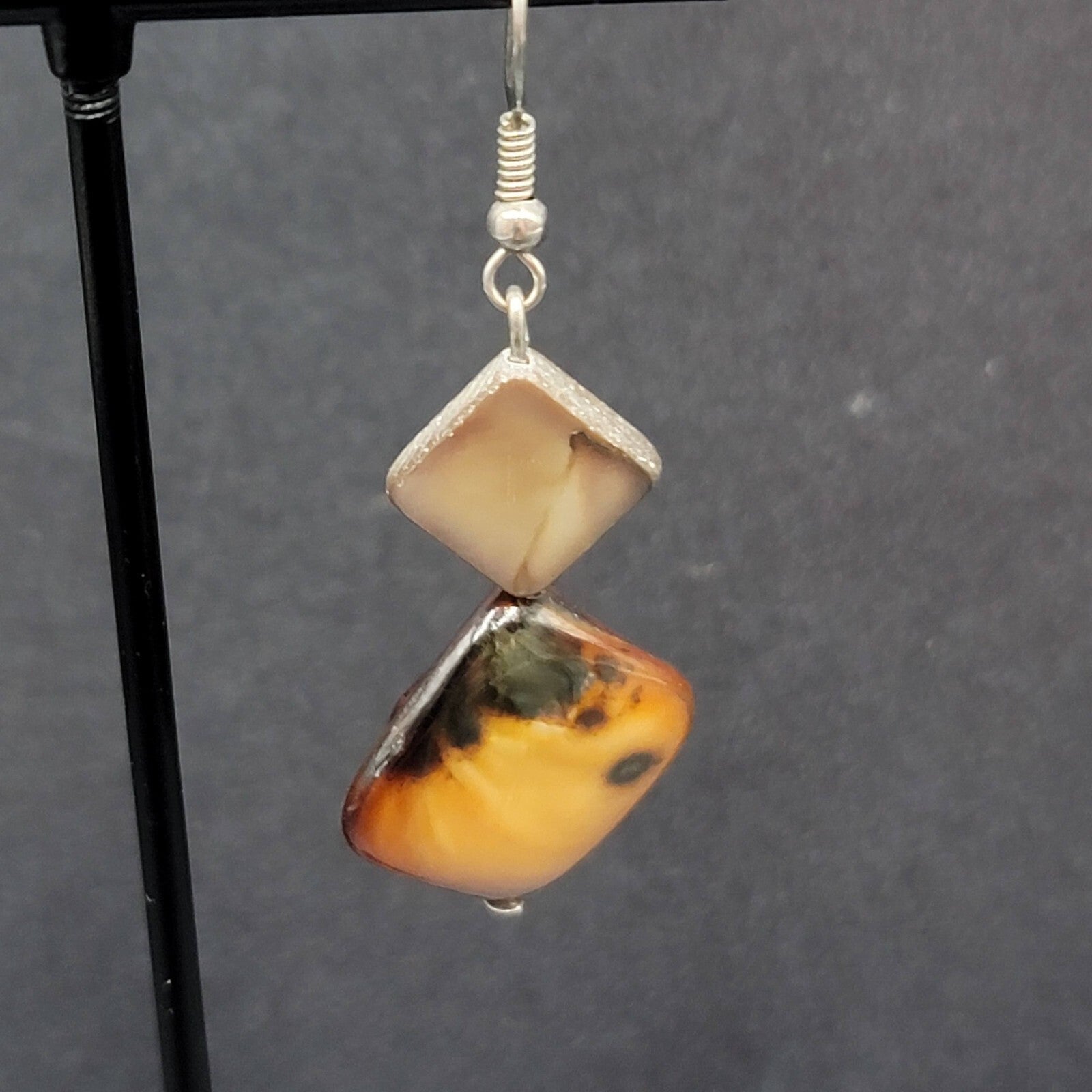Pierced Earrings Silver tone Dyed Brown Shell Square Beads Dangle 1 3/8"