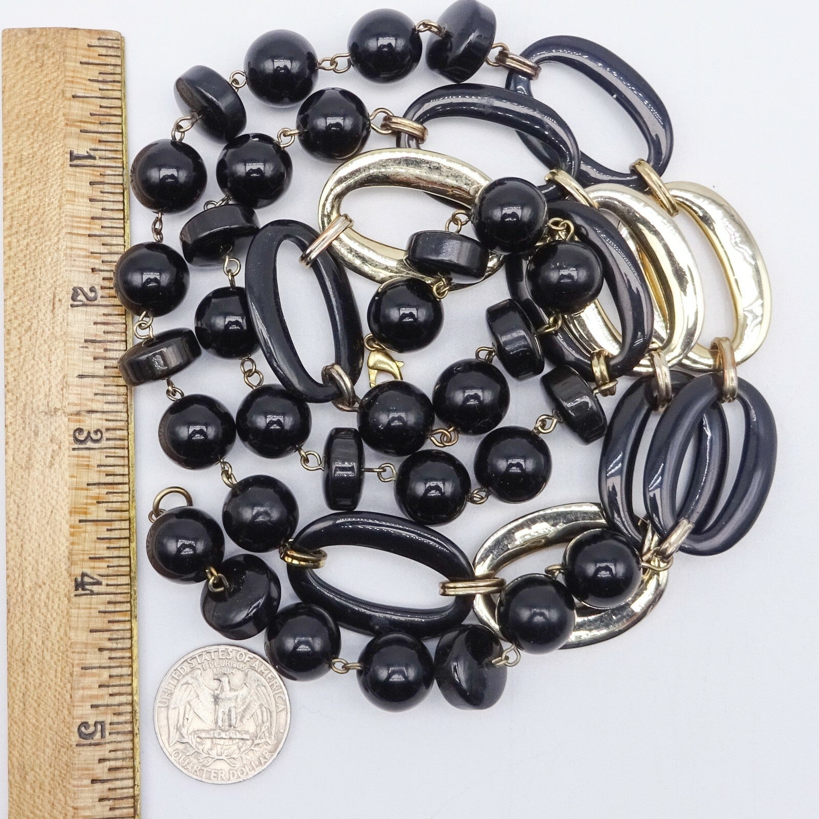 Vintage Necklace Black and Gold tone Bead Statement Estate Costume Jewelry 36"
