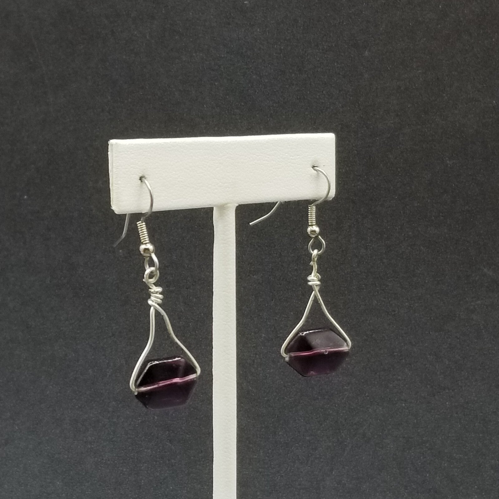Pierced Earrings Silver tone Faceted Purple Crystal Dangle 1"