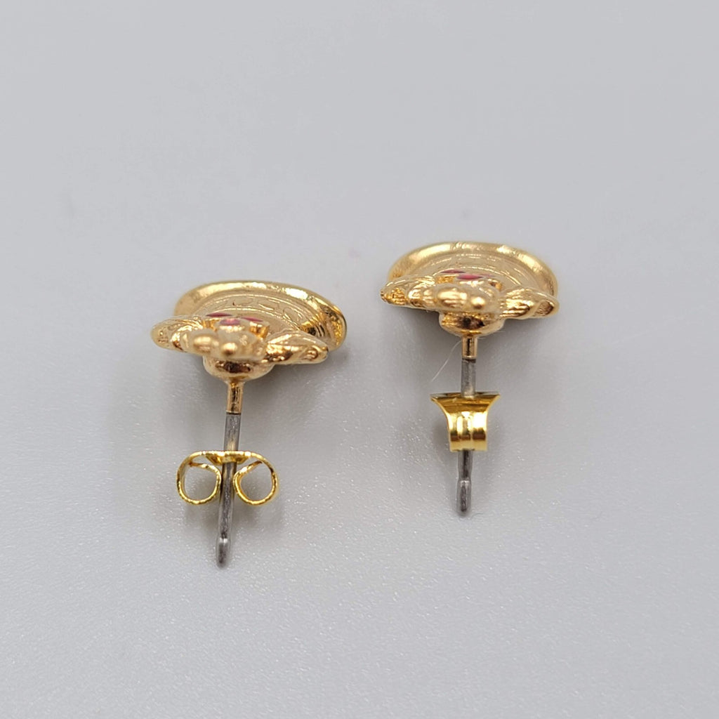 Vintage Christmas Bells Pierced Earrings Gold tone Red Rhinestone Studs 1/2"